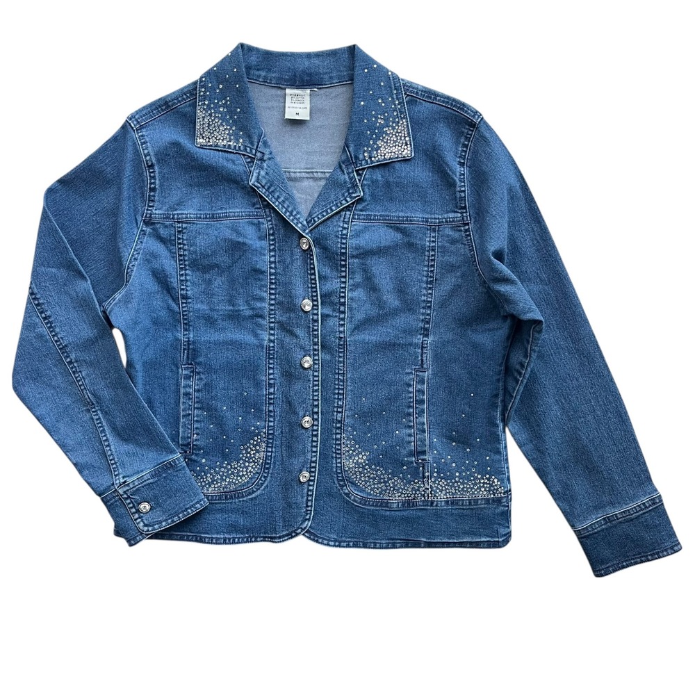 Women M Medium Wash Denim Silver Rhinestone Embellished Button Front Jean Jacket